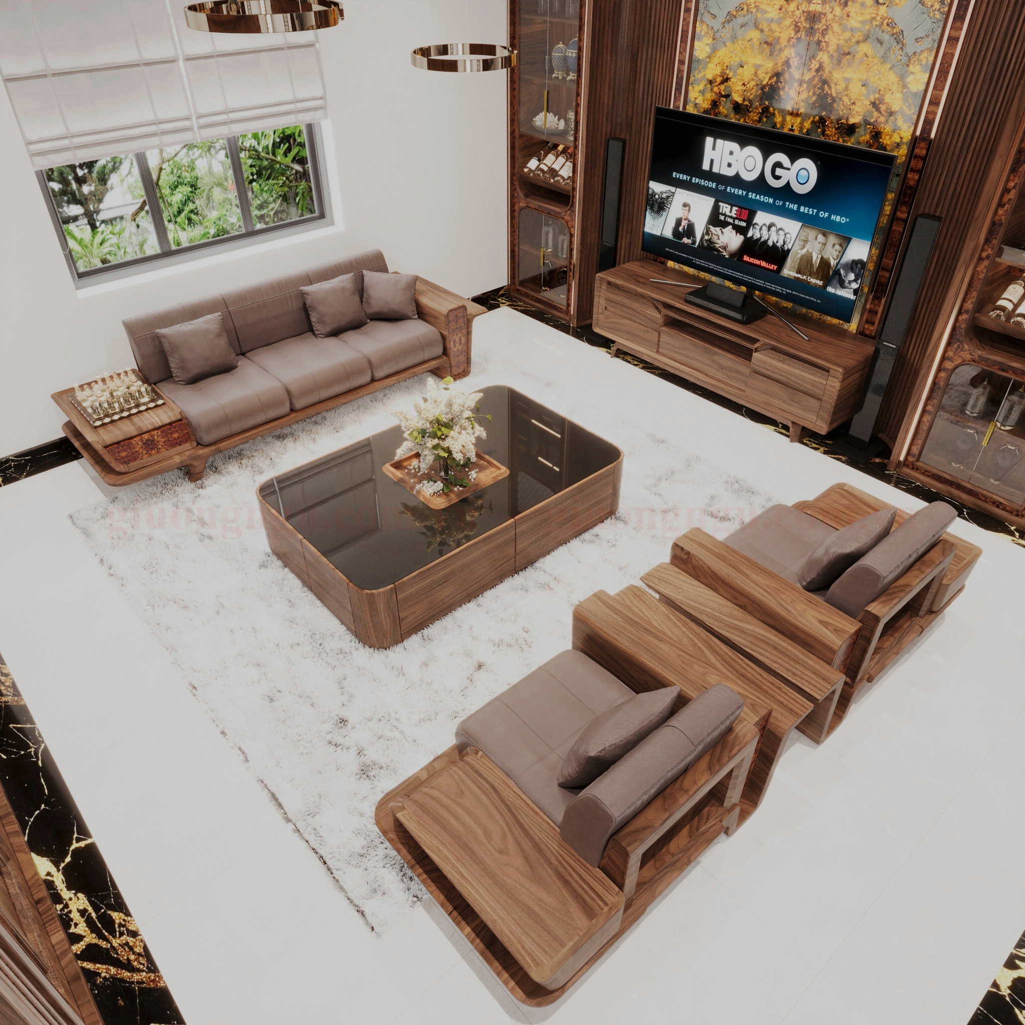 Bàn ghế phòng khách với đệm da bò cao cấp trong không gian hiện đại