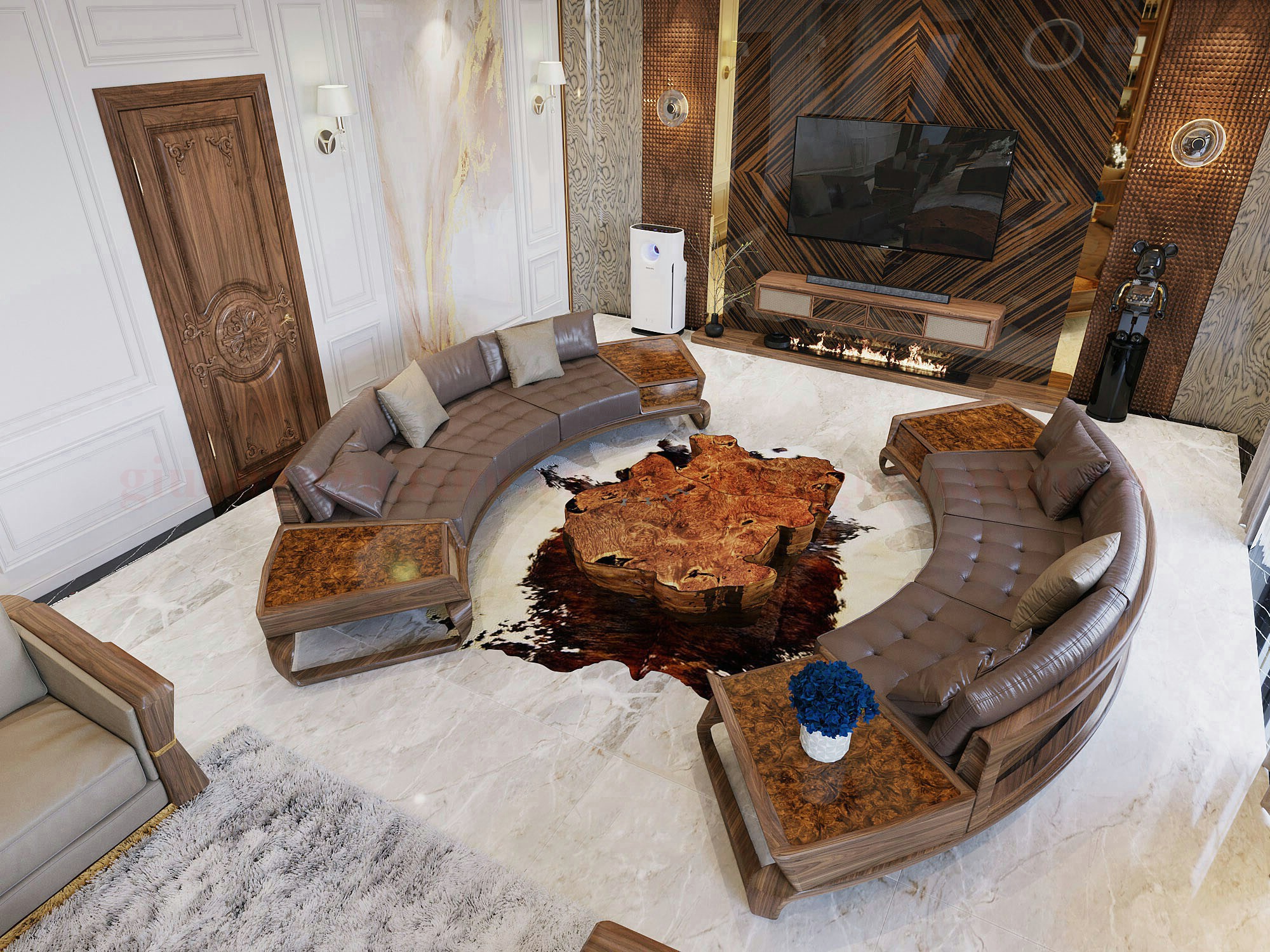 Bộ sofa gỗ hiện đại đệm da cao cấp, thiết kế tinh tế