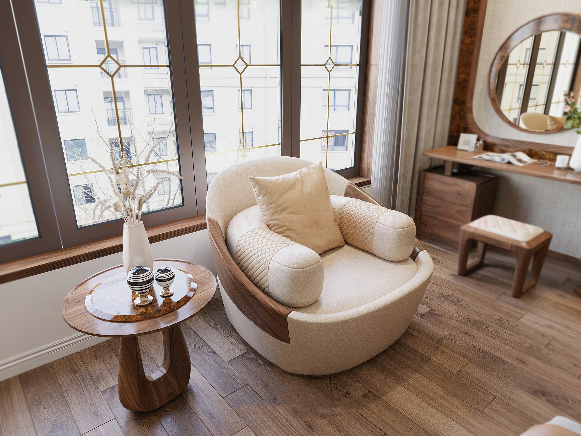 Ghế đơn đệm da cao cấp trong phòng ngủ Master sang trọng