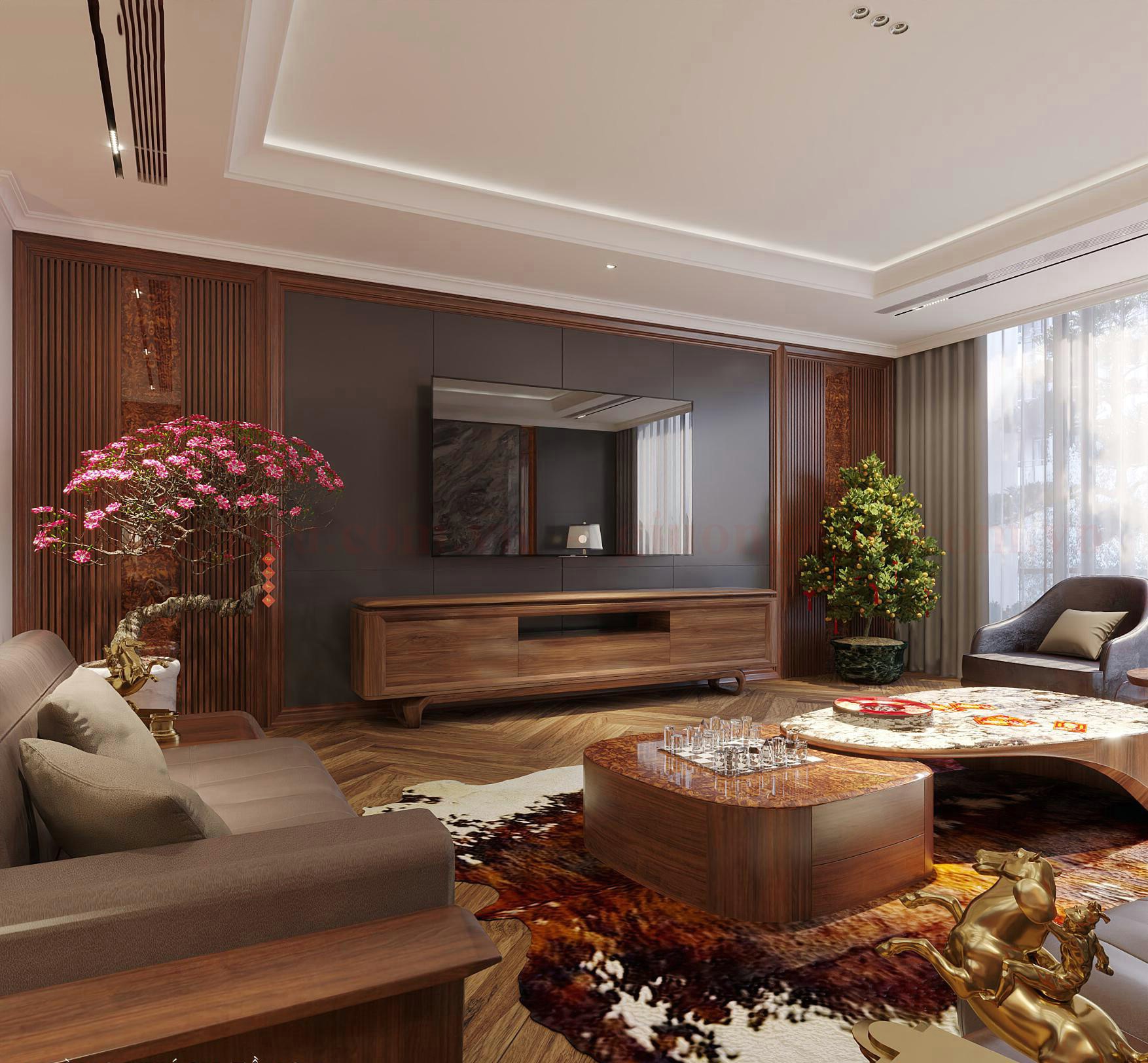 Kệ tivi gỗ óc chó cao cấp trong phòng khách hiện đại