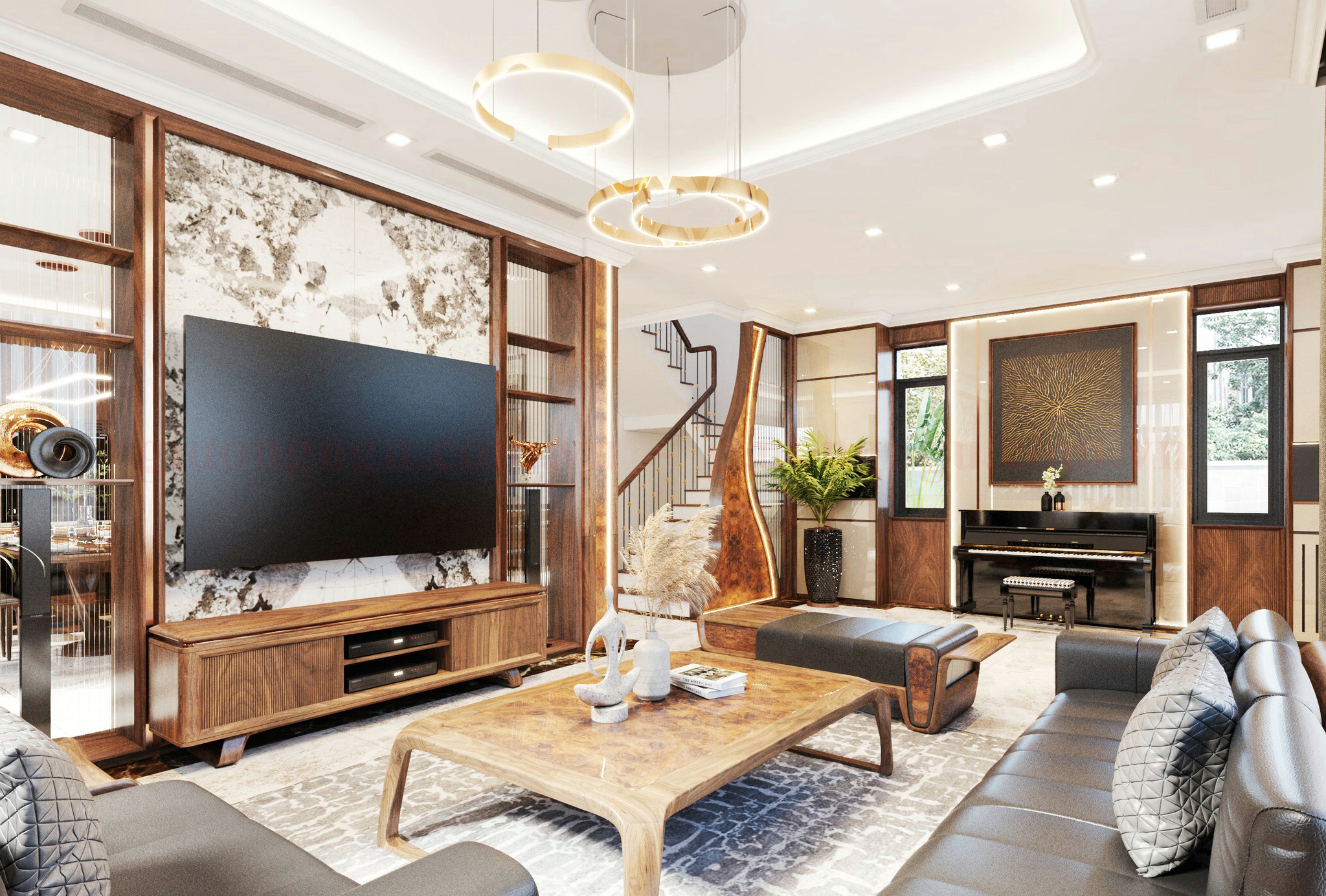 Kệ tivi gỗ óc chó kết hợp nu gỗ óc chó cao cấp trong phòng khách sang trọng