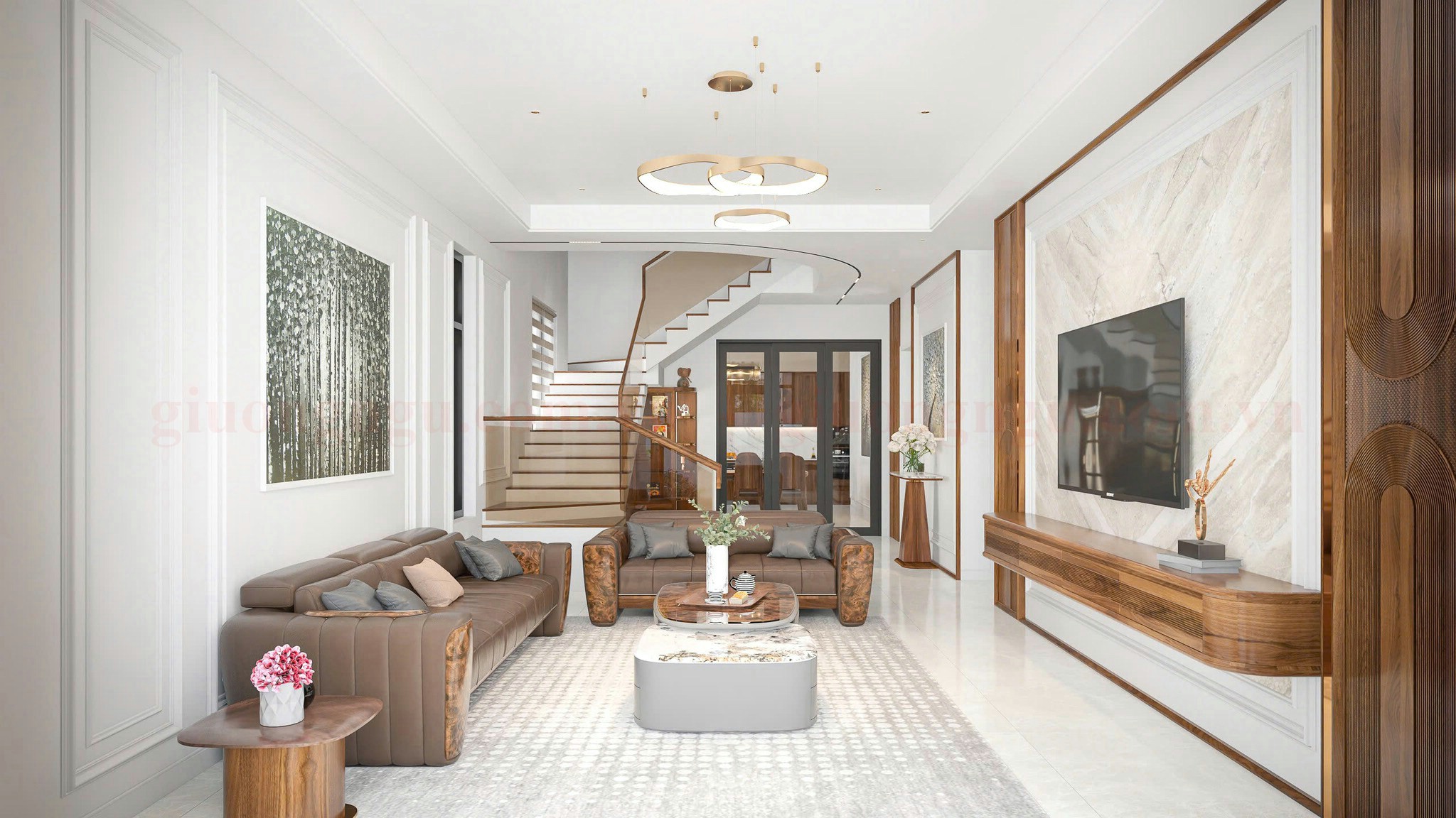 Kệ tivi gỗ óc chó treo tường sang trọng trong phòng khách