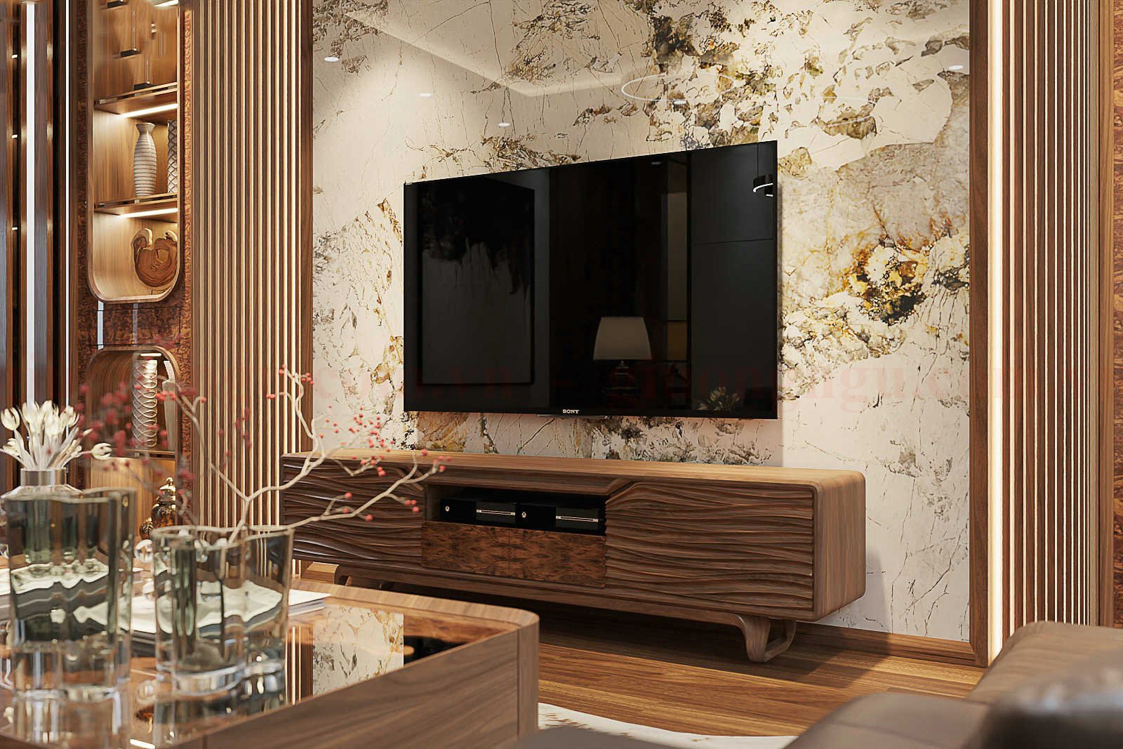 Kệ tivi gỗ óc chó hiện đại và sang trọng