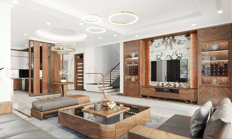 Phòng khách hiện đại với kệ tivi kết hợp tủ rượu gỗ óc chó