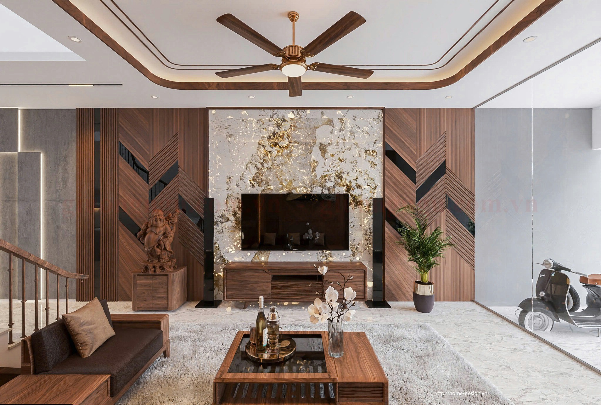 Kệ tivi hiện đại kết hợp vách ốp nhựa giả đá trong phòng khách