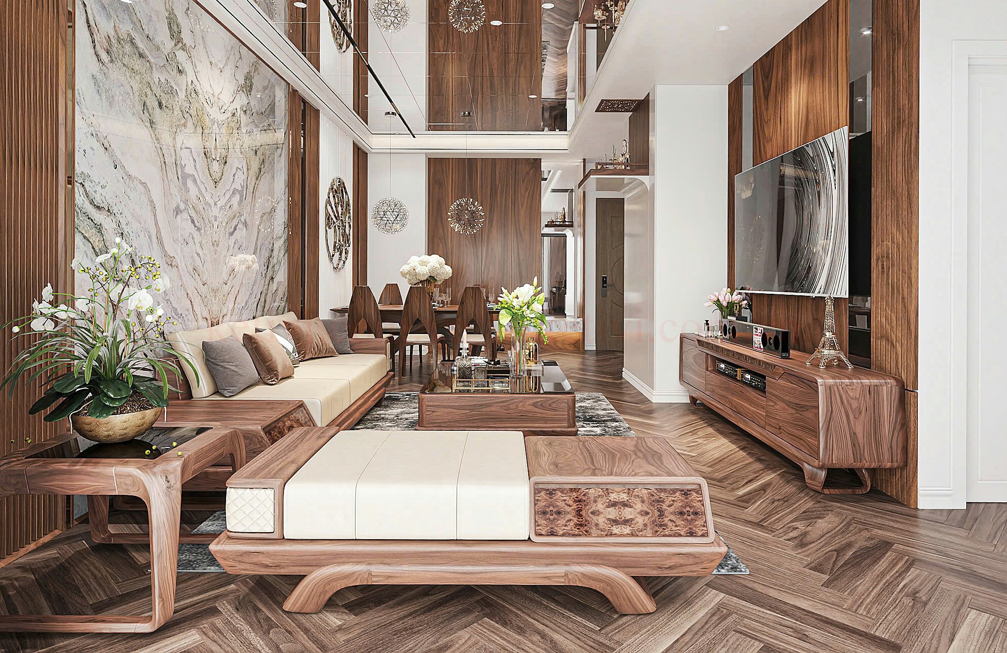 Phòng khách biệt thự được thiết kế với nội thất gỗ óc chó