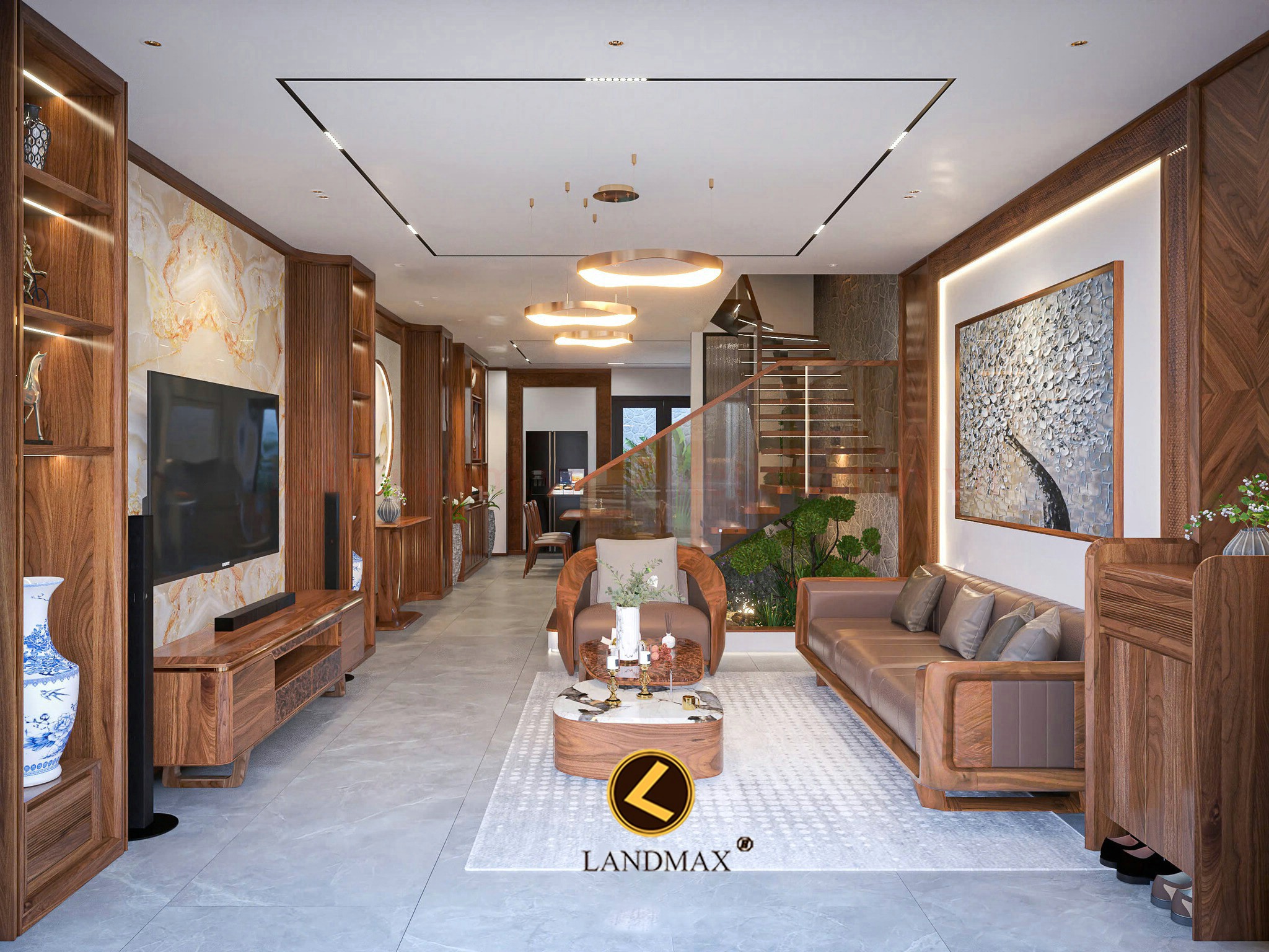 Phòng khách sang trọng với nội thất gỗ óc chó