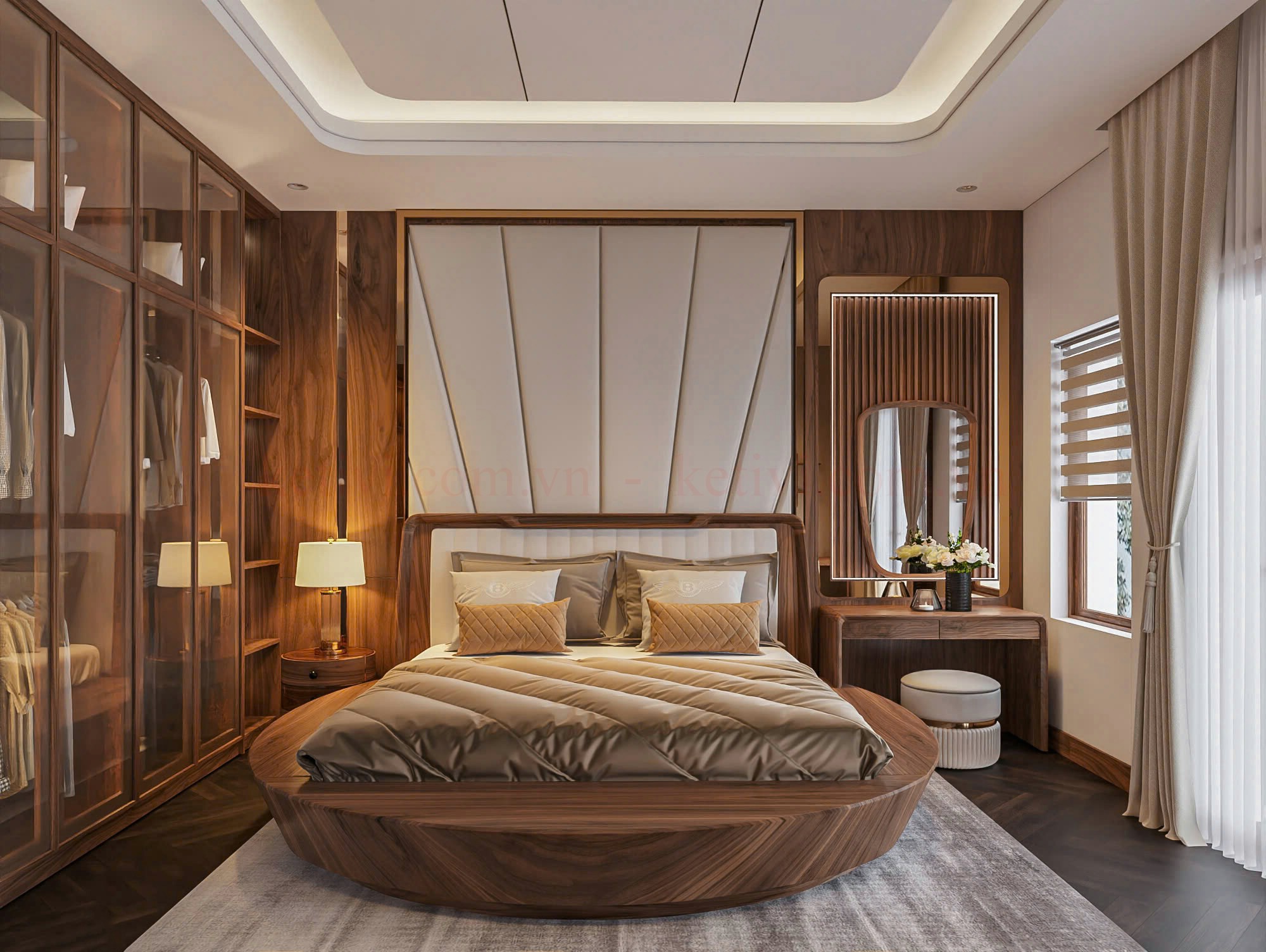 Phòng ngủ biệt thự cao cấp với nội thất gỗ óc chó