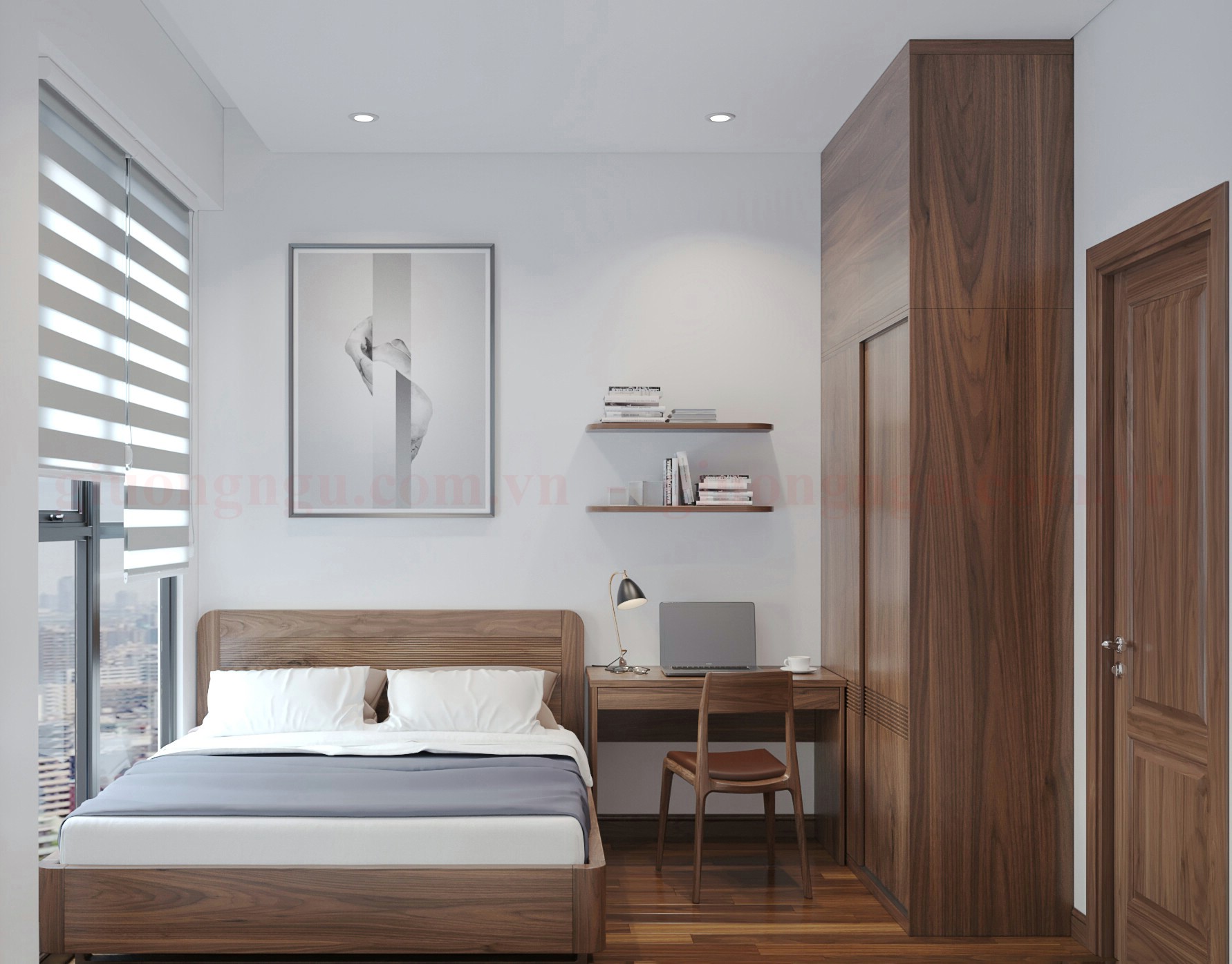 Phòng ngủ nhỏ sử dụng nội thất gỗ óc chó