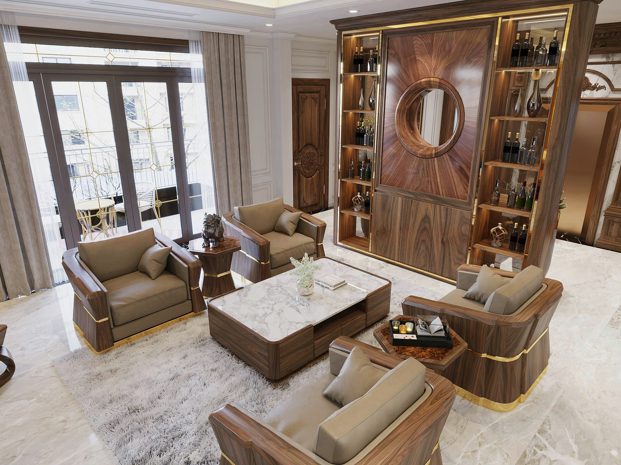 Sofa gỗ óc chó tự nhiên cao cấp kết hợp da bò Ý tuyển chọn