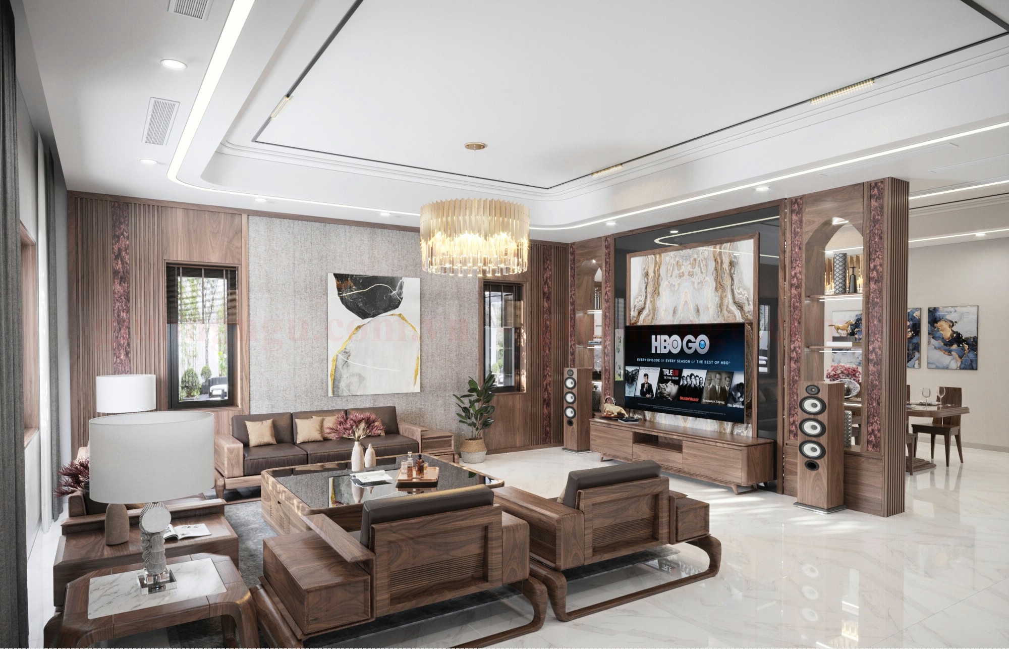 Sofa gỗ óc chó cho phòng khách rộng, thiết kế hiện đại và sang trọng