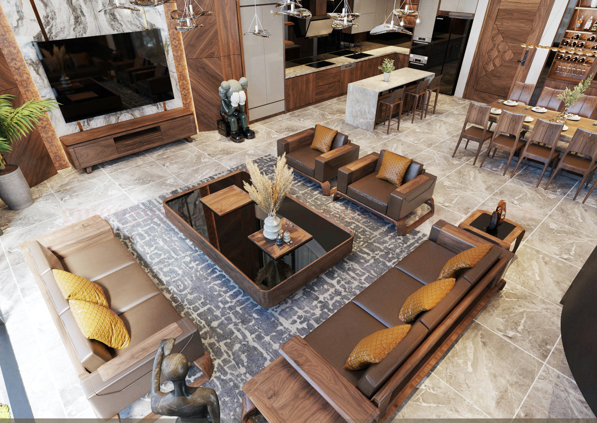 Phòng khách với sofa gỗ Óc Chó đẹp sang trọng