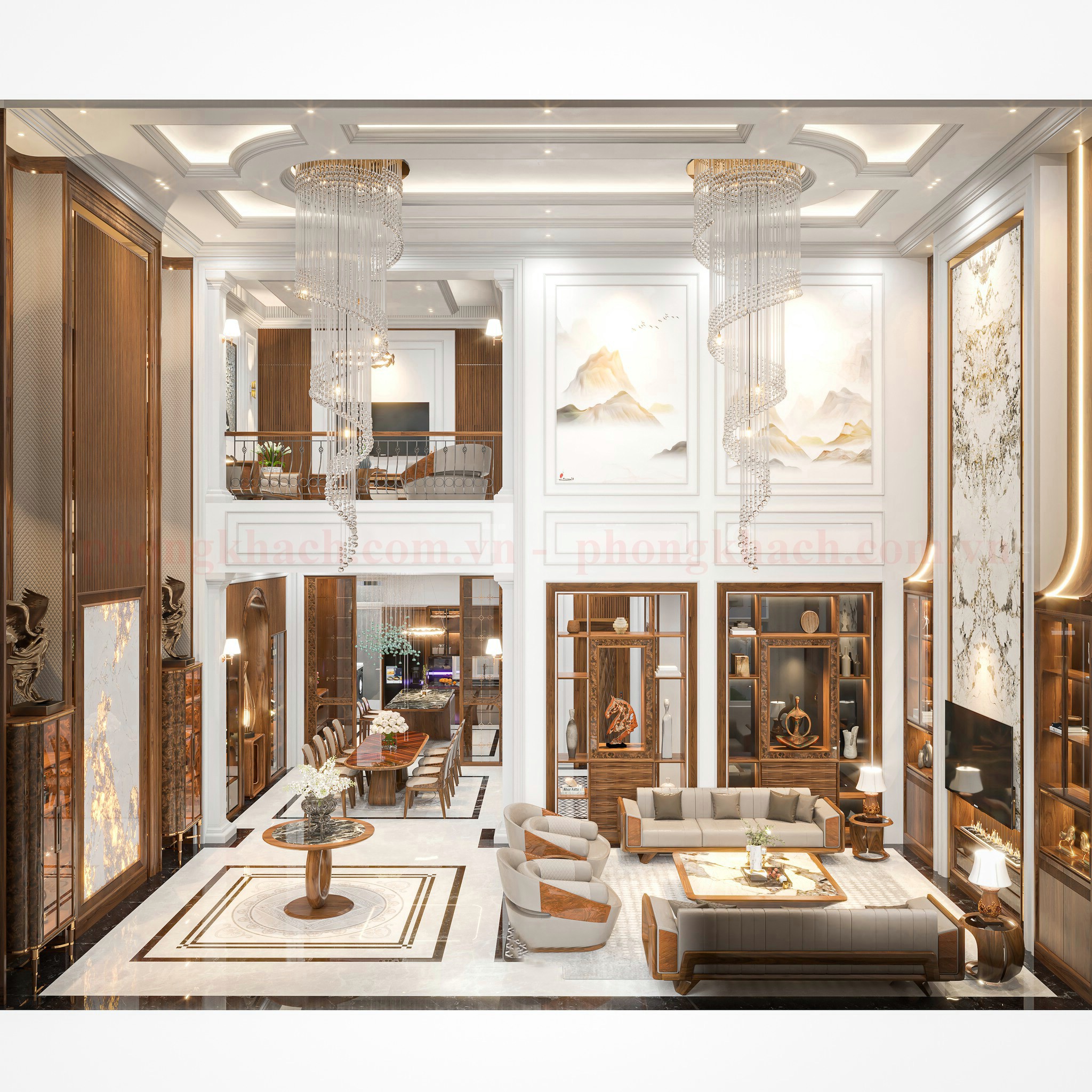 Phòng khách nhà thông tầng với nội thất gỗ óc chó sang trọng