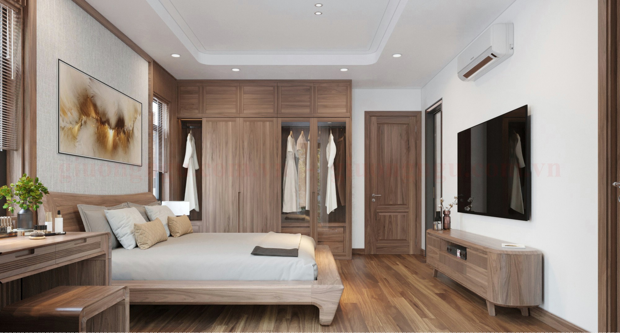 Phòng ngủ gỗ óc chó với nội thất đồng bộ và thiết kế hiện đại