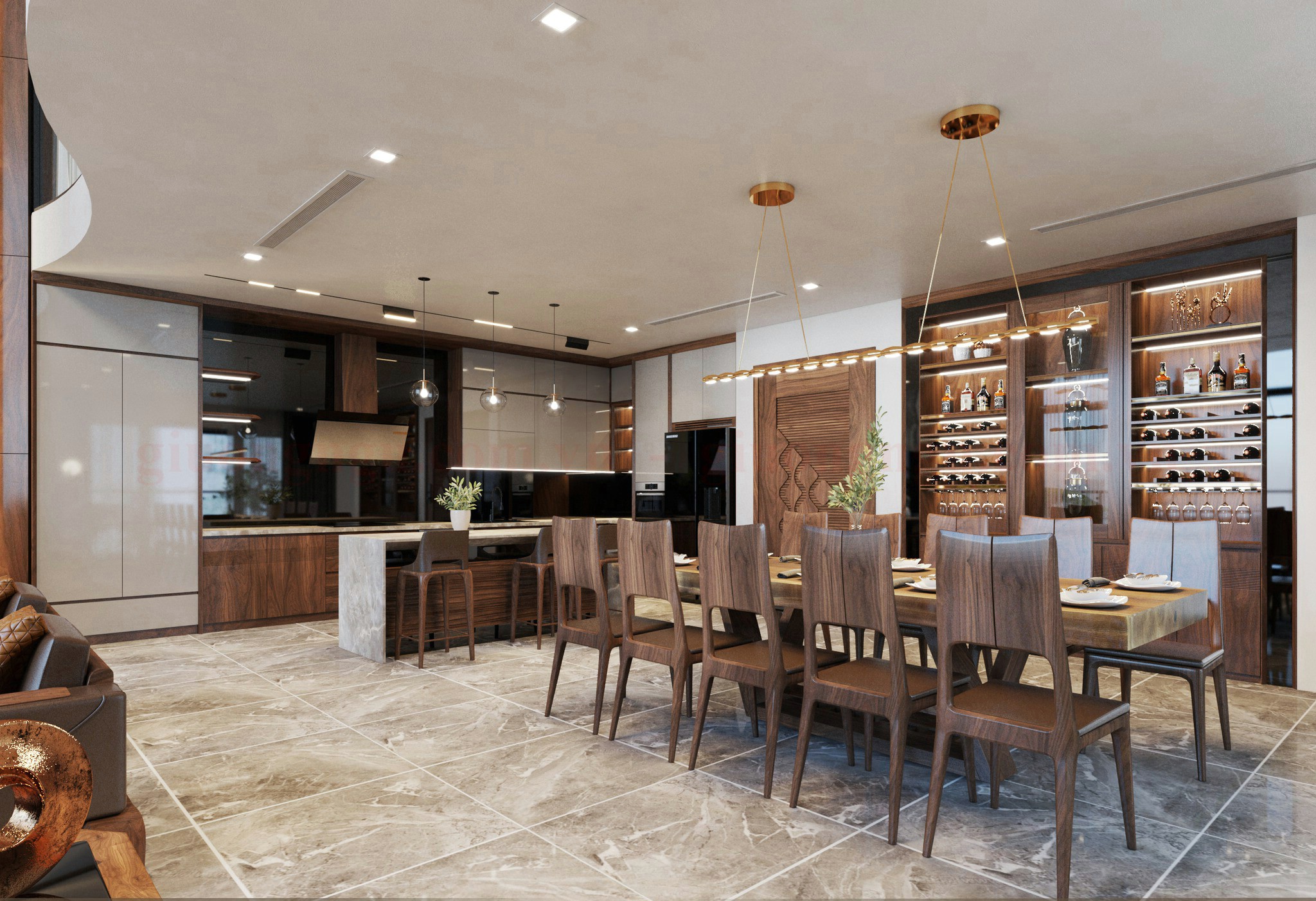 Tủ bếp gỗ Óc Chó và bàn ăn hiện đại