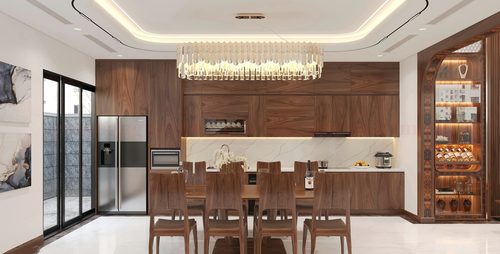 Tủ bếp gỗ óc chó được thiết kế tự nhiên và sang trọng