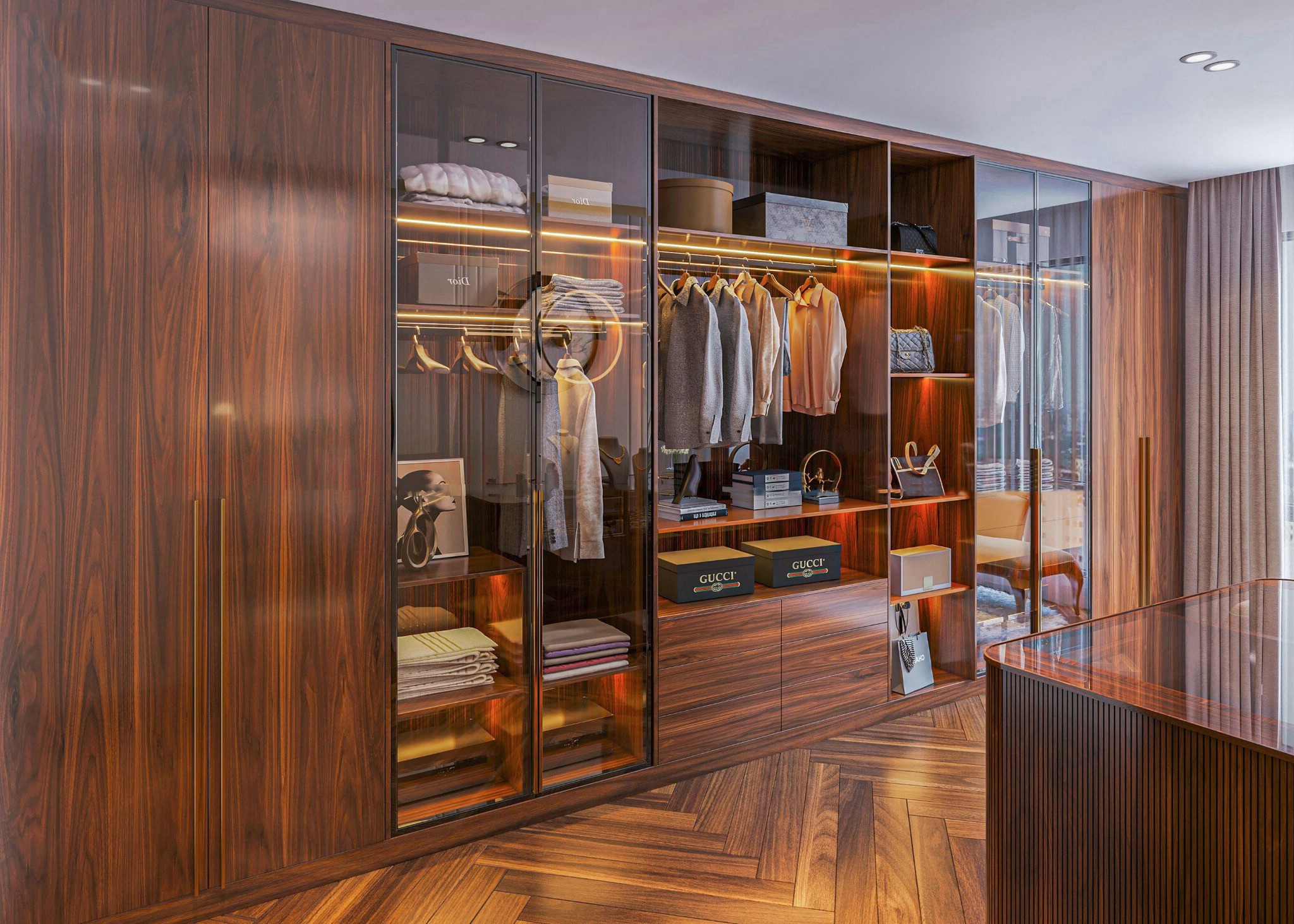 Tủ quần áo gỗ óc chó cao cấp với thiết kế hiện đại trong phòng ngủ